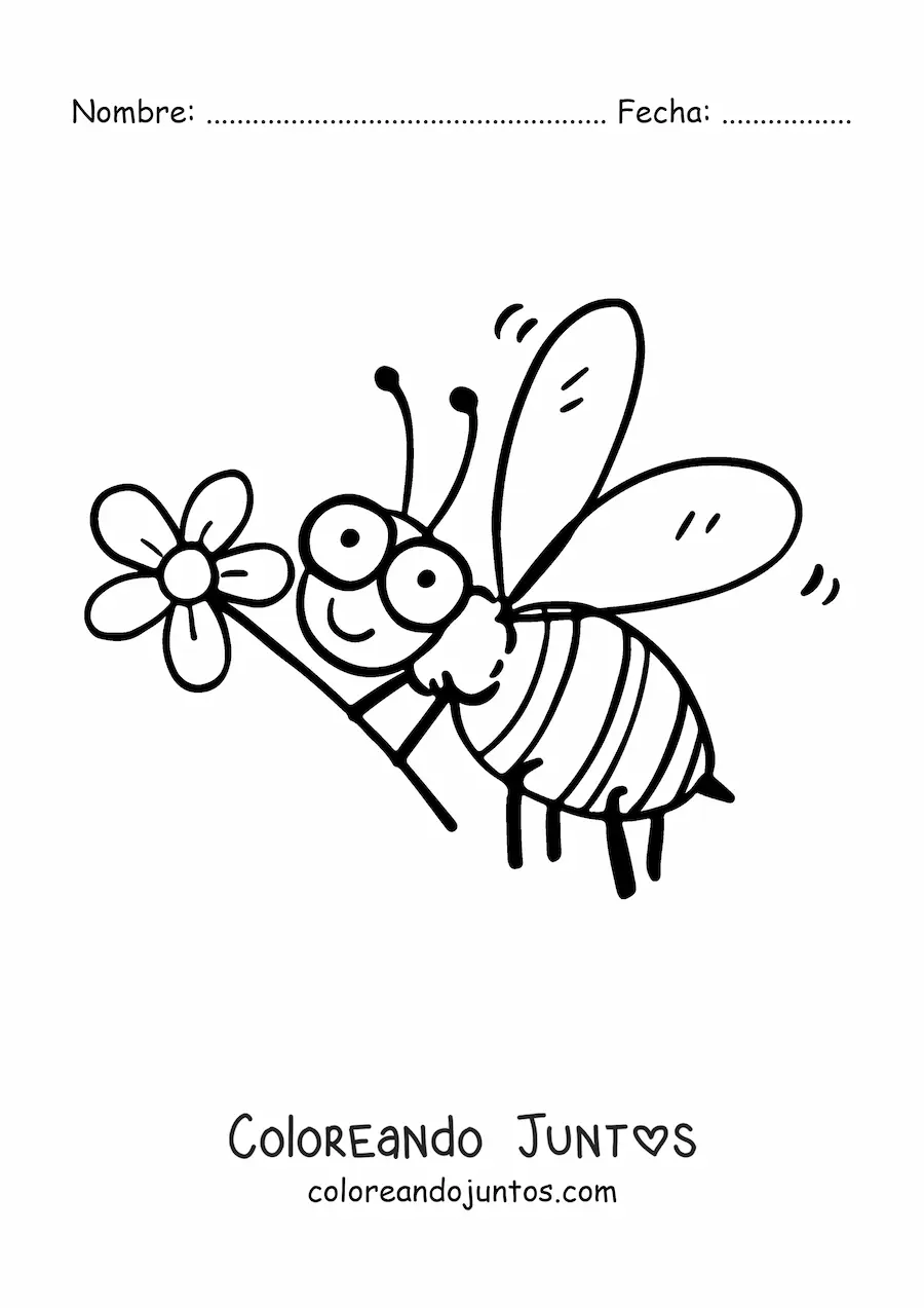 Imagen para colorear de una abeja animada feliz volando sujetando una flor