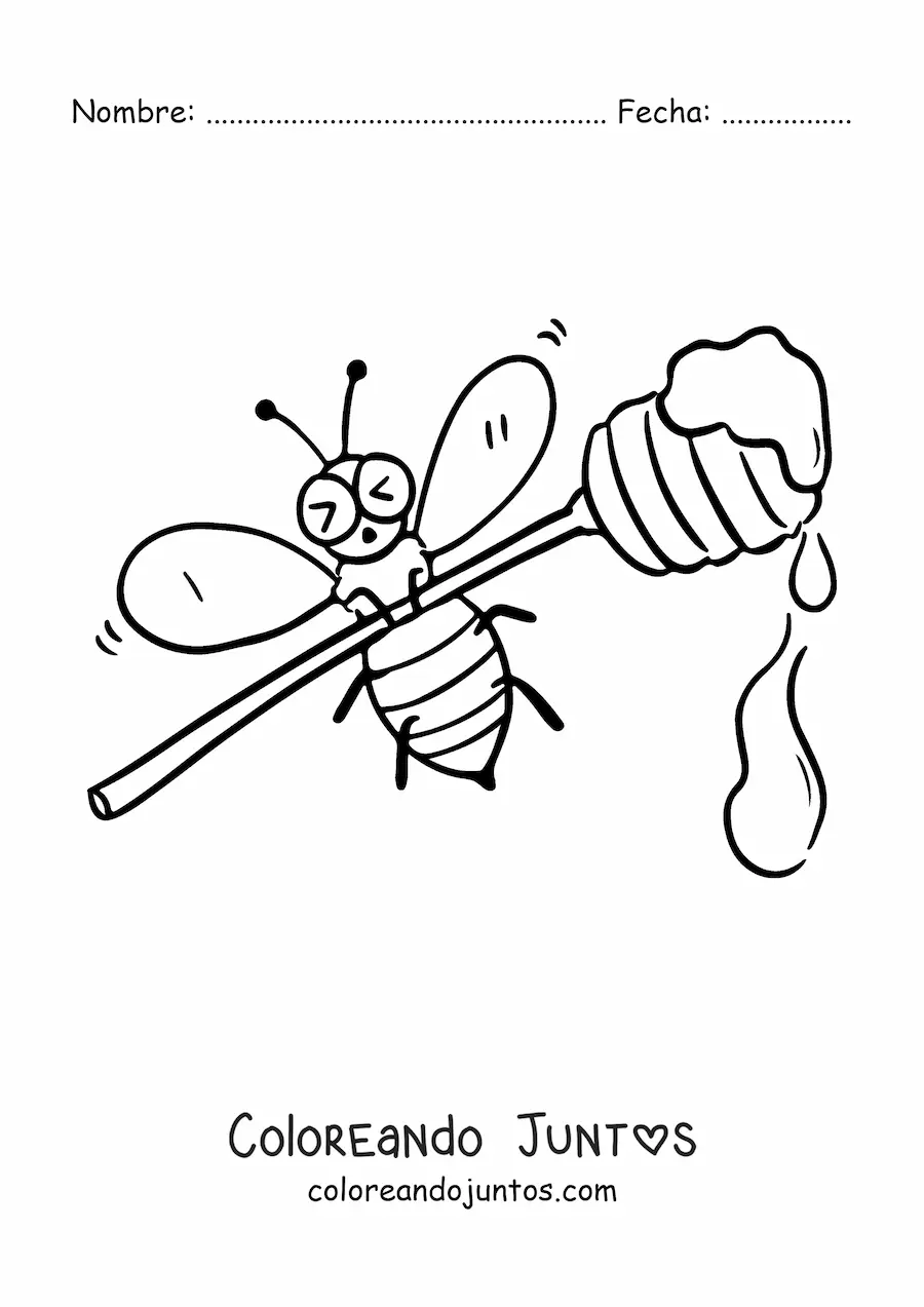 Imagen para colorear de una abeja animada levantando un cucharón de miel