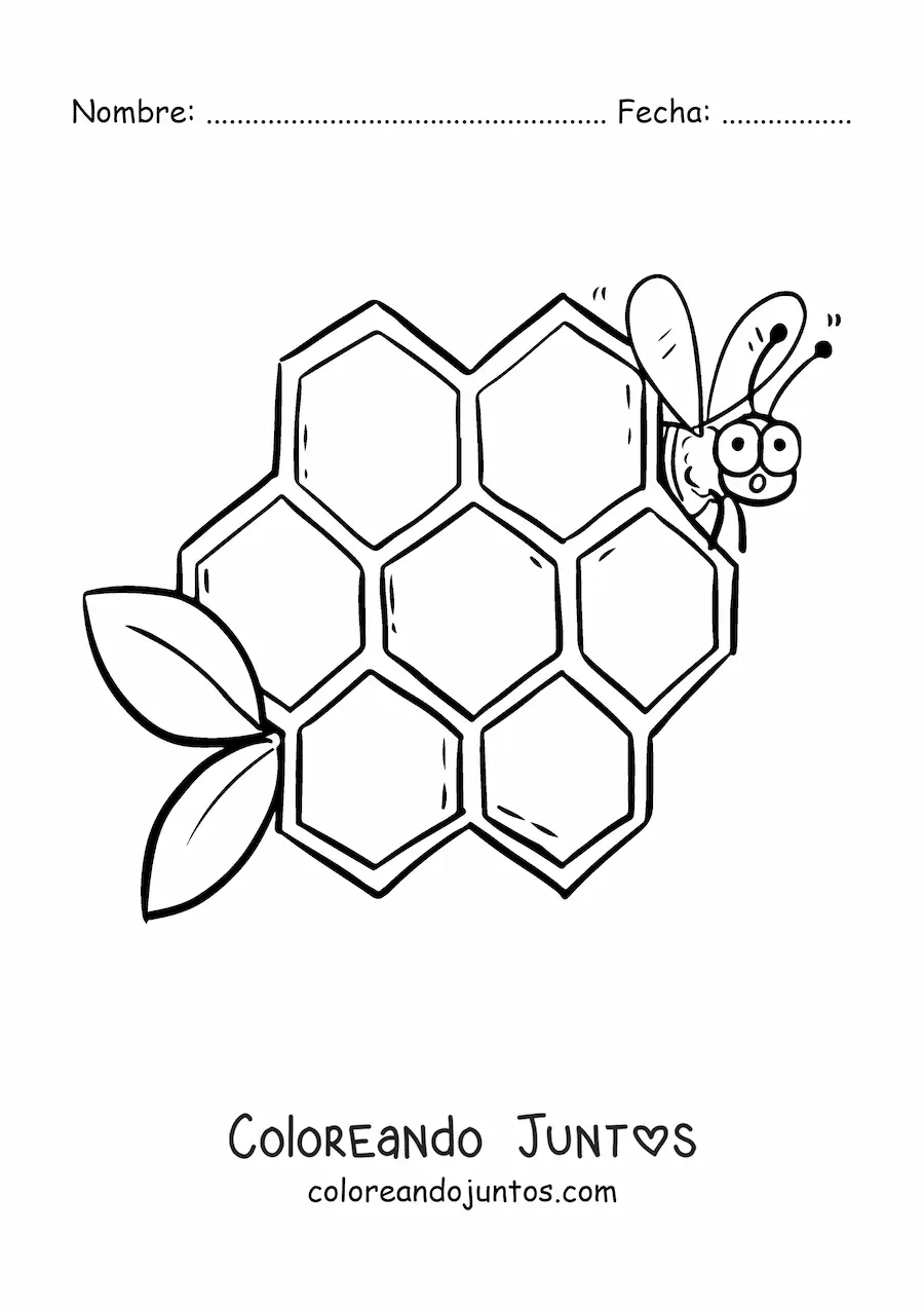 Imagen para colorear de una abeja animada junto a las celdas de un panal