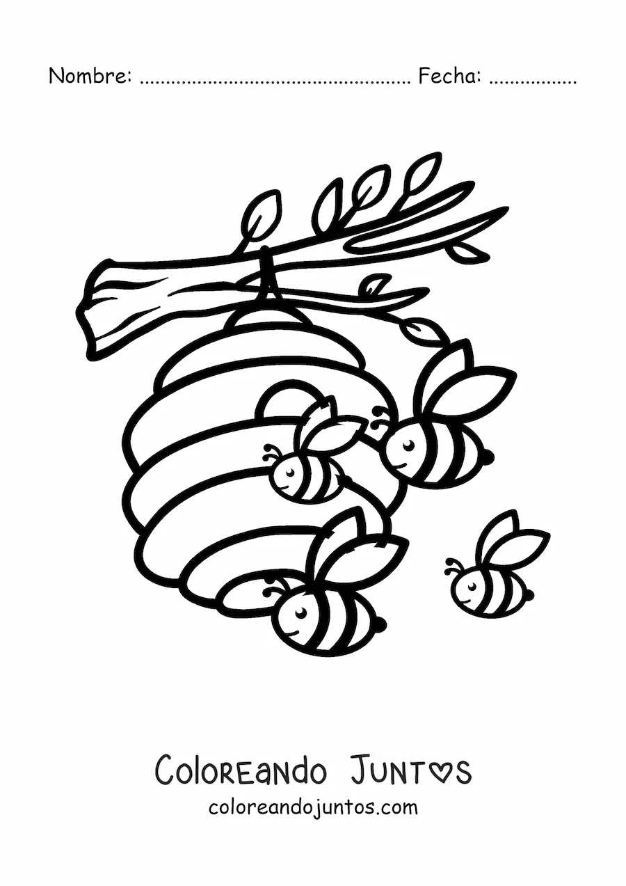 Imagen para colorear de una colmena de abejas animadas cerca de un panal en una rama