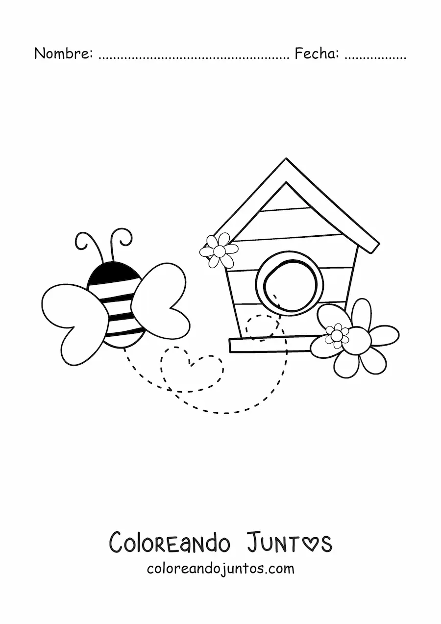 Imagen para colorear de una abeja volando desde una casa de madera