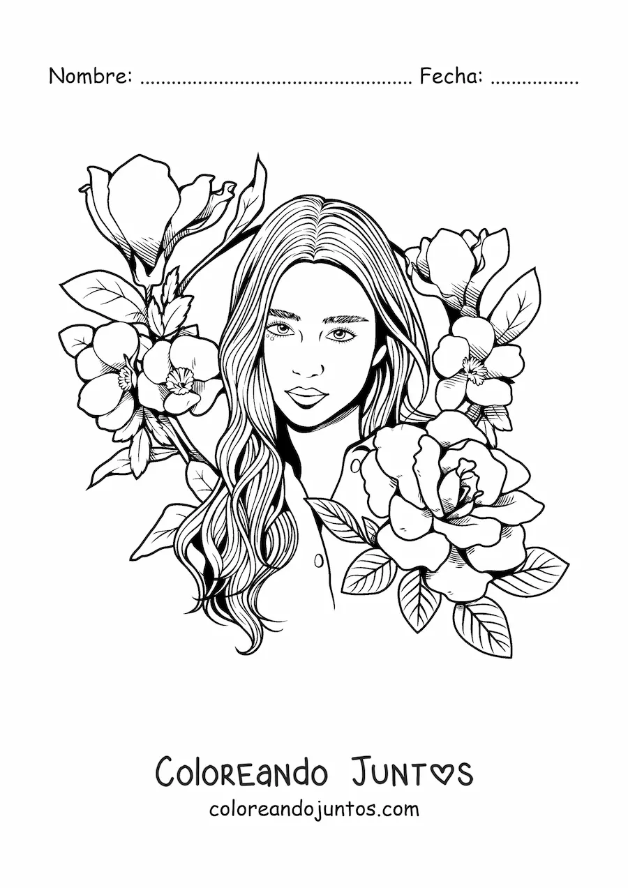 Imagen para colorear de una mujer joven estilo realista rodeada de flores