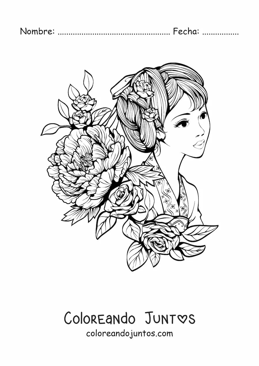 Imagen para colorear de una mujer asiática rodeada de flores