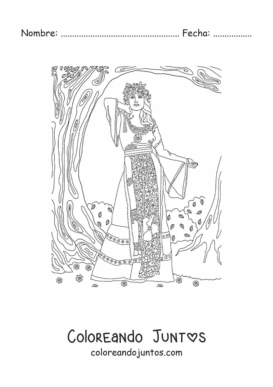 Imagen para colorear de una chica vintage con un decorado de plantas y enredaderas