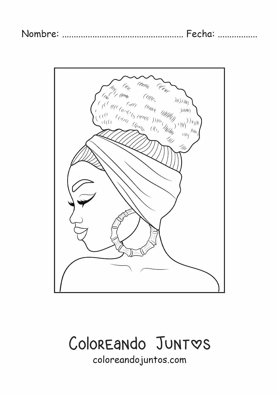 Imagen para colorear de una mujer afrodescendiente con zarcillo grandes y el cabello recogido