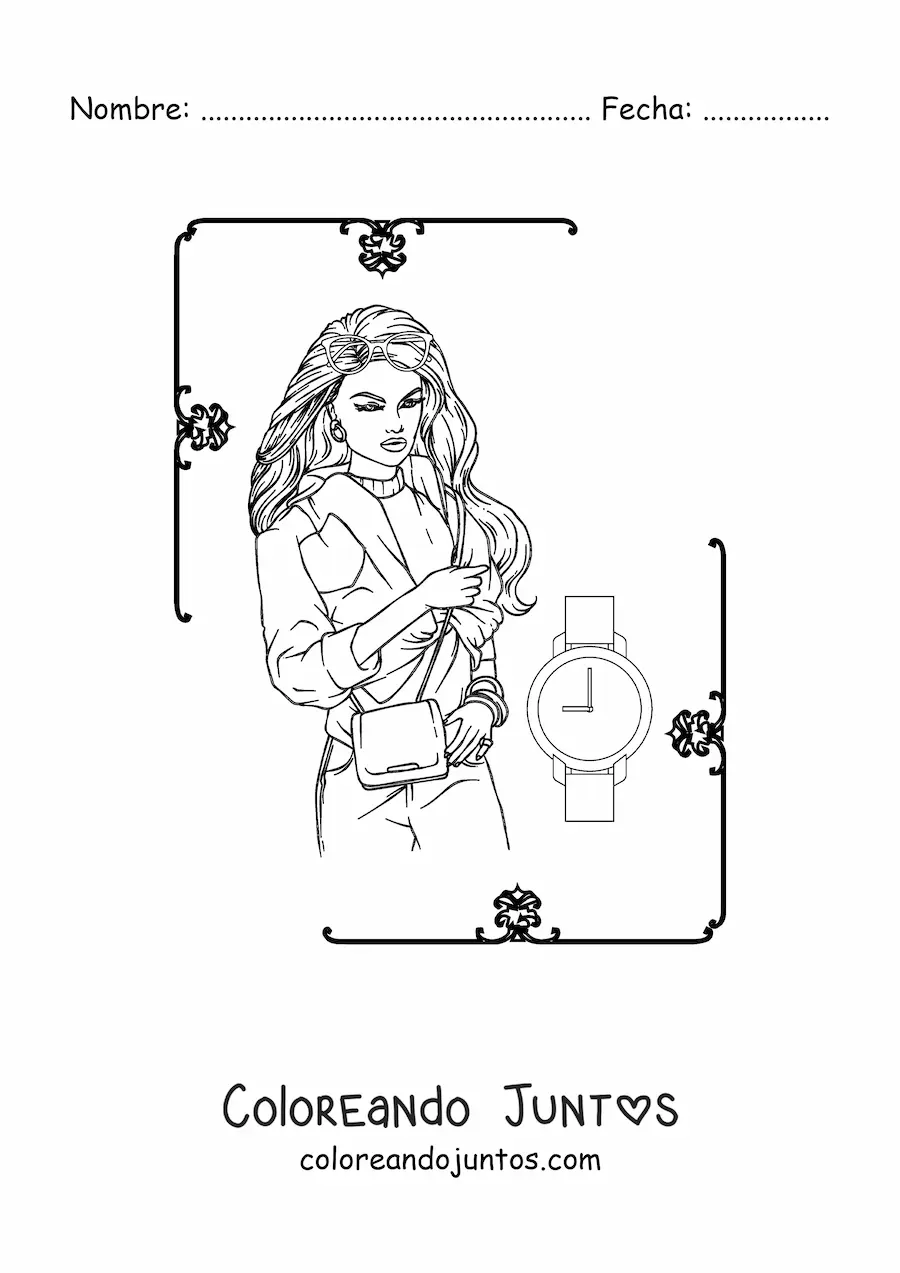 Imagen para colorear de una mujer vistiendo una chaqueta y un reloj