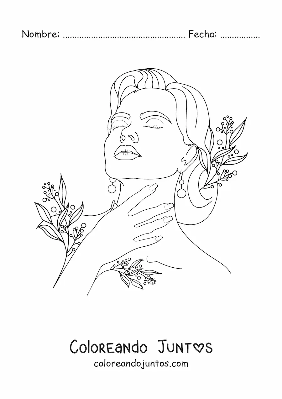 Imagen para colorear del rostro de mujer realista rodeado de flores