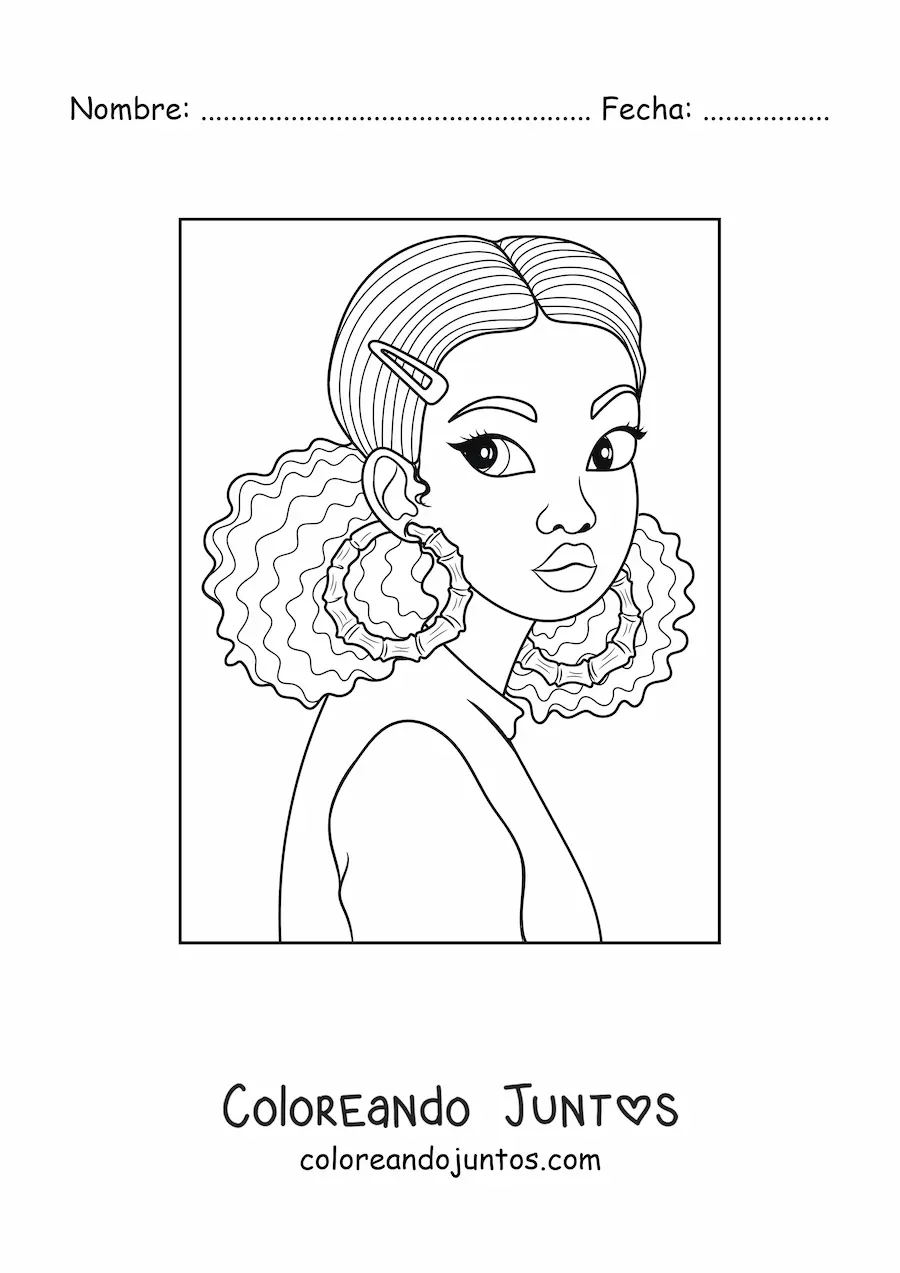 Imagen para colorear de una chica afroamericana con zarcillos grandes y el cabello rizado