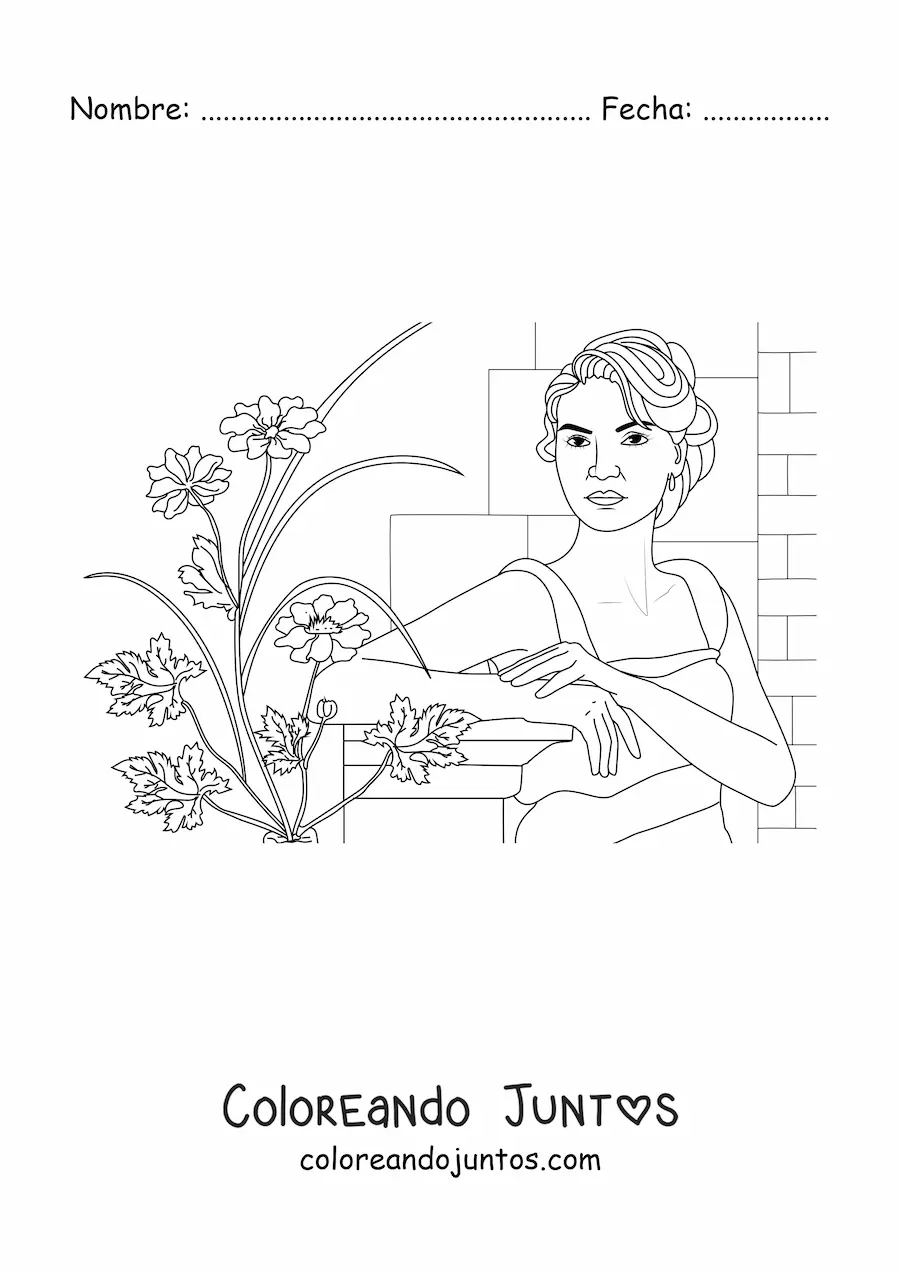 Imagen para colorear de una mujer realista junto a varias flores plantadas