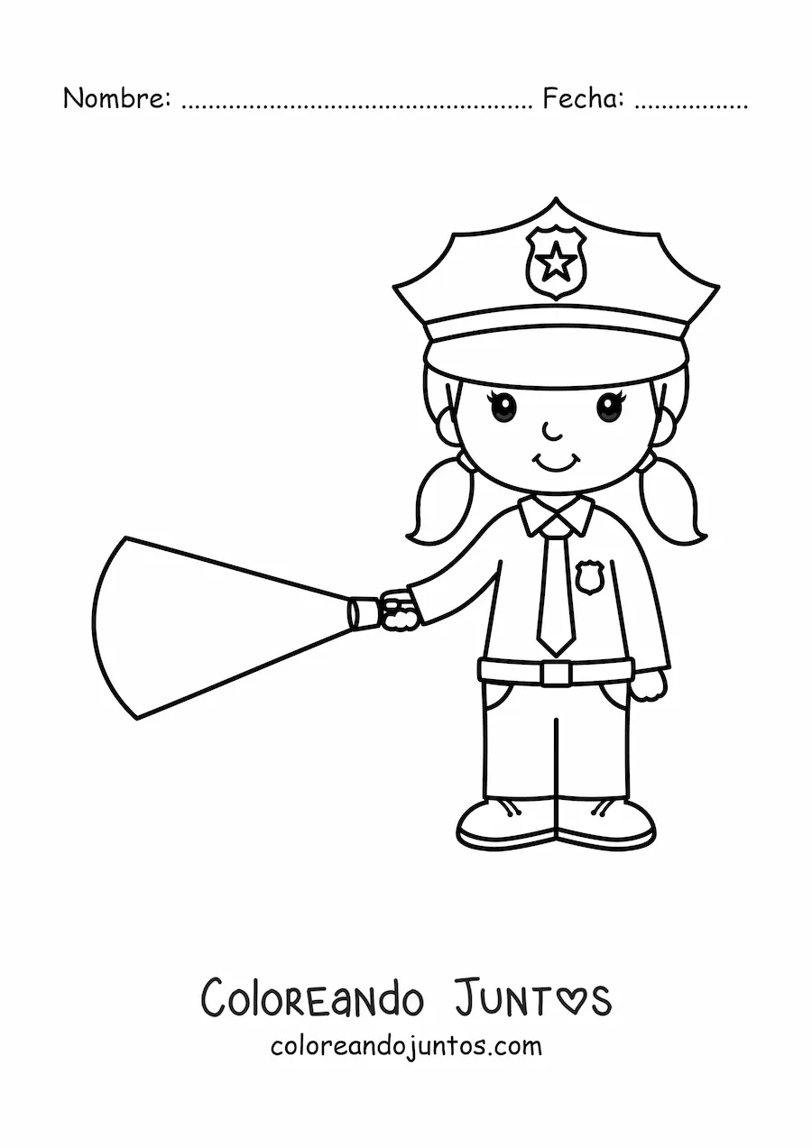 Imagen para colorear de una mujer policia kawaii con una linterna