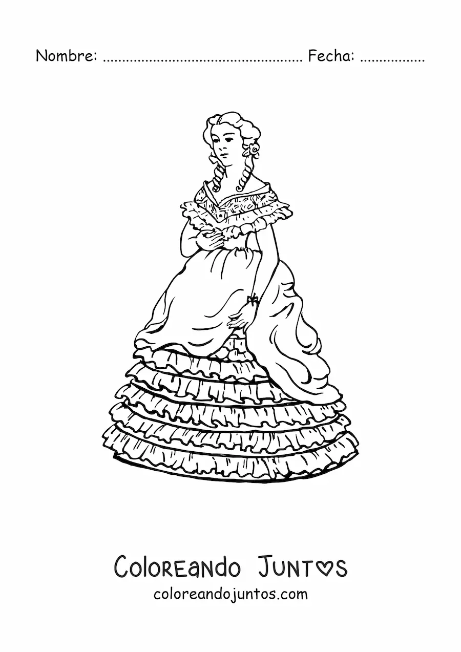 Imagen para colorear de una mujer usando un vestido largo estilo vintage