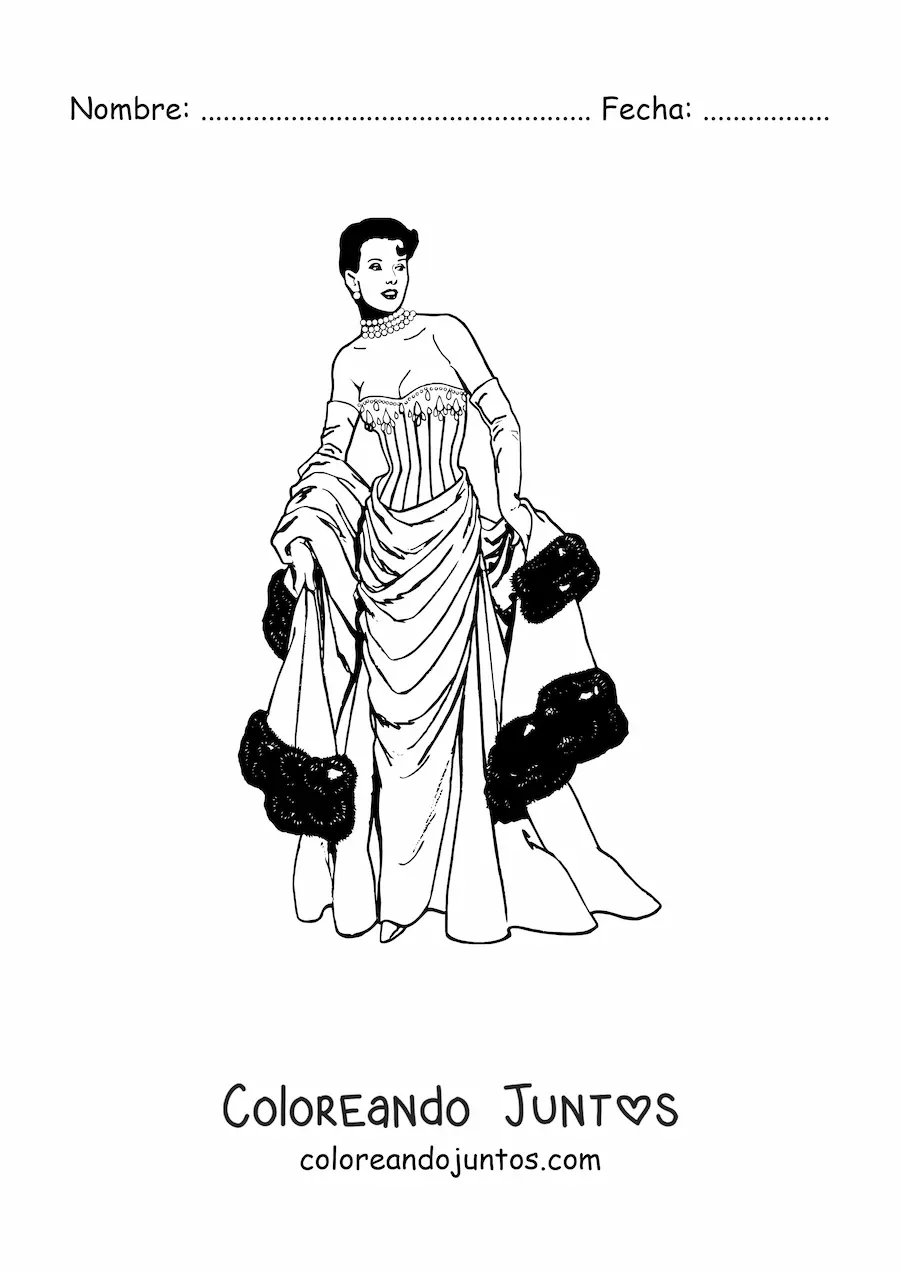 Imagen para colorear de una dama vestida a la moda vintage