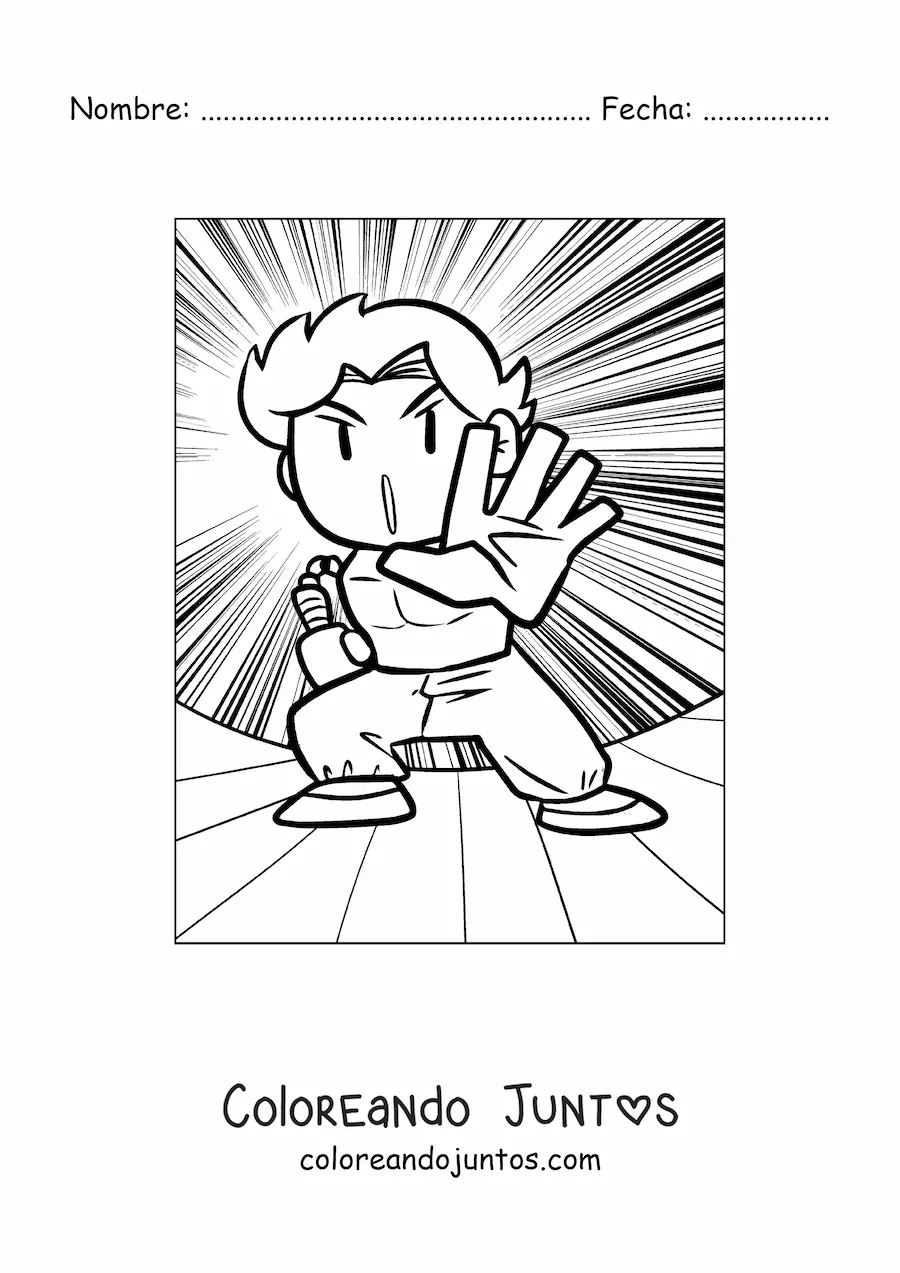 Imagen para colorear de la caricatura de un hombre karateka dando un golpe fuerte
