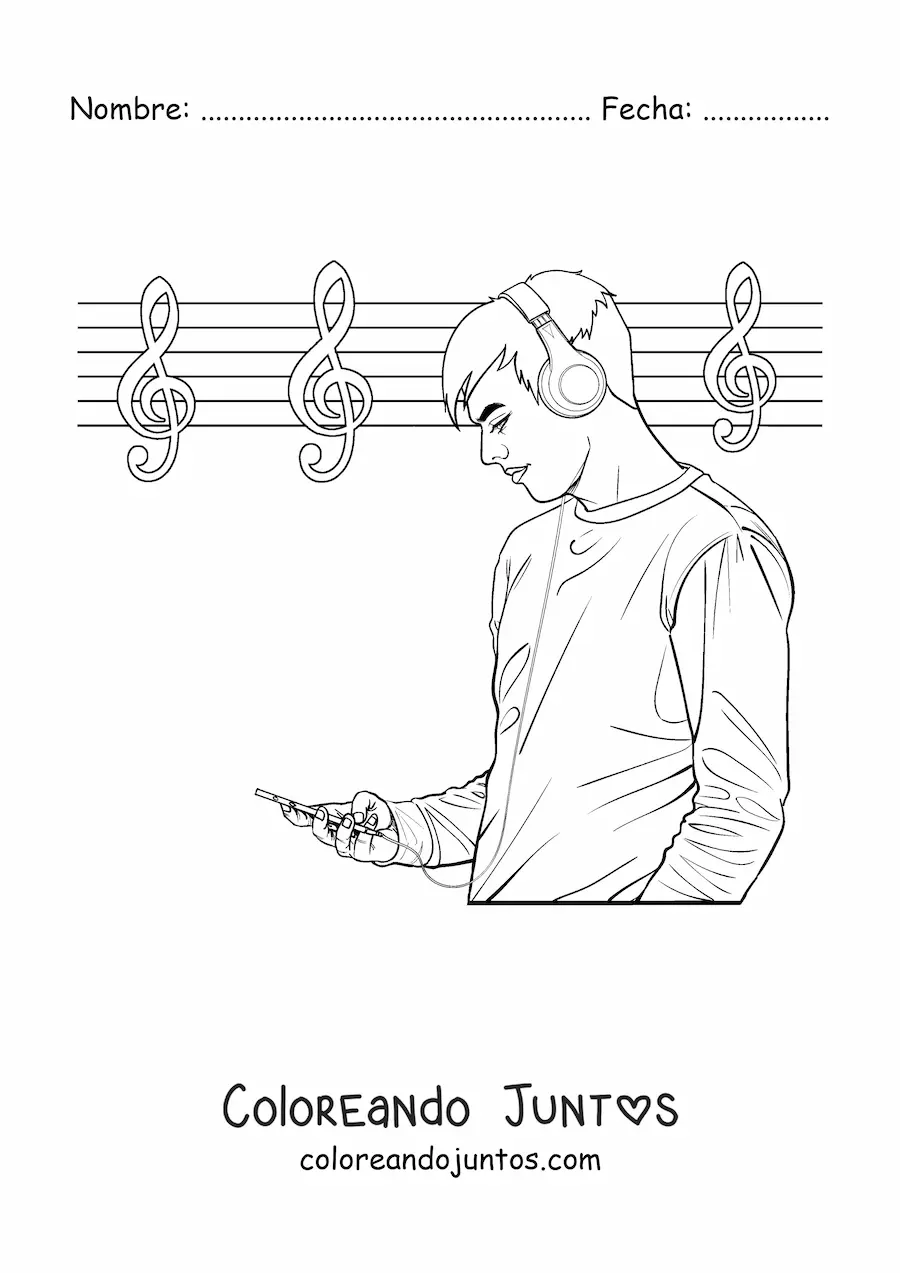 Imagen para colorear de un hombre joven escuchando música con audífonos con un pentagrama musical de fondo