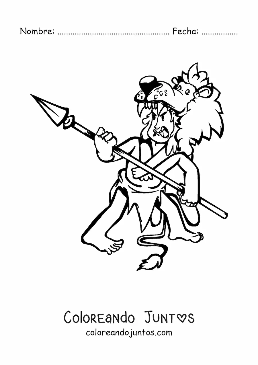 Imagen para colorear de un hombre vestido con taparrabo y la piel de un león usando una lanza furioso