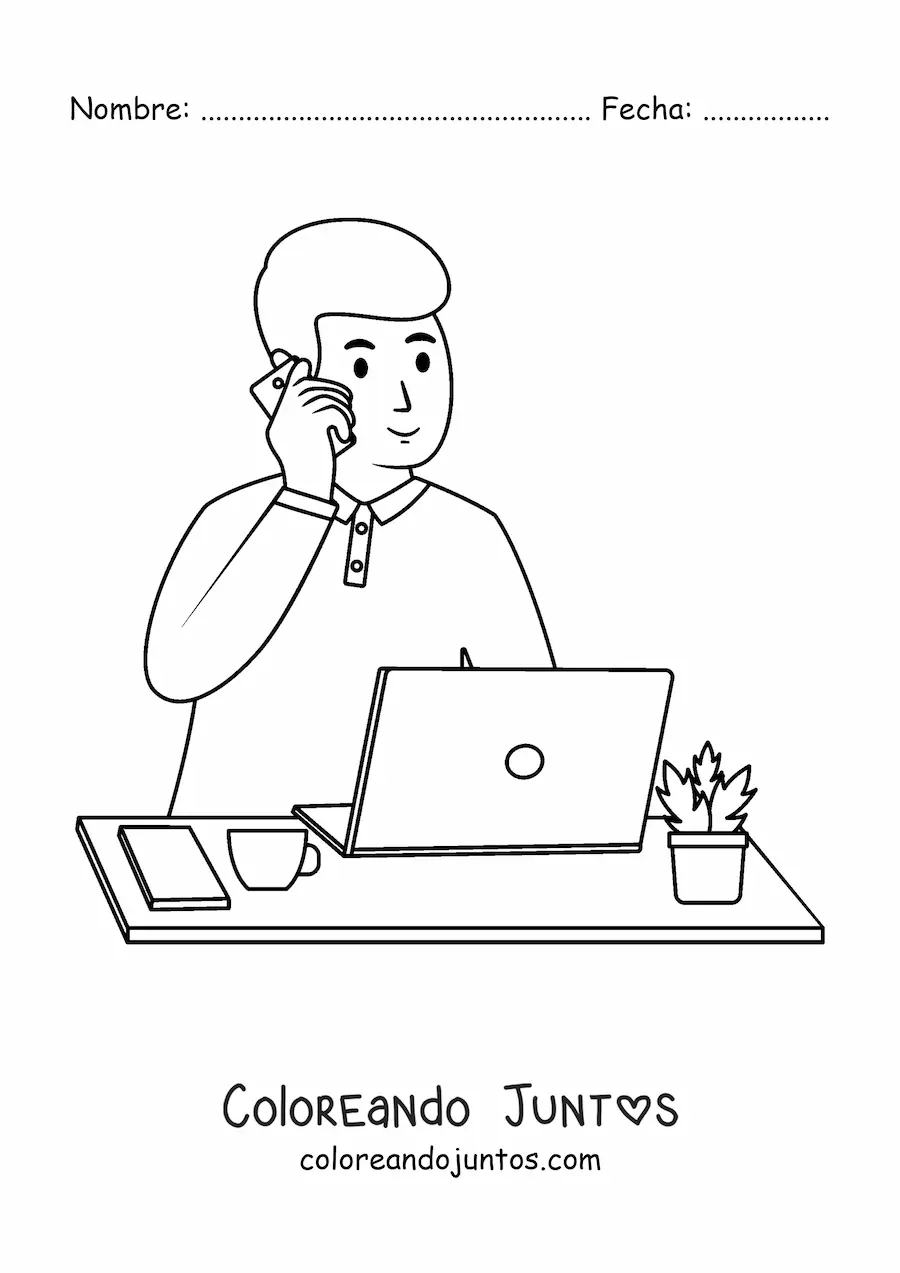 Imagen para colorear de un hombre joven feliz trabajando desde el ordenador mientras habla por teléfono
