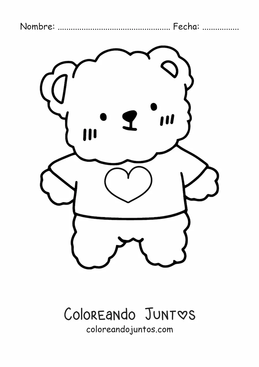 Imagen para colorear de un oso de peluche kawaii con una camiseta con un corazón