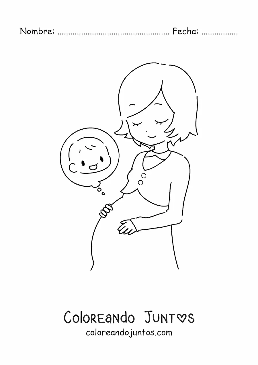 Imagen para colorear de una mujer joven embarazada sintiendo al bebé en su barriga