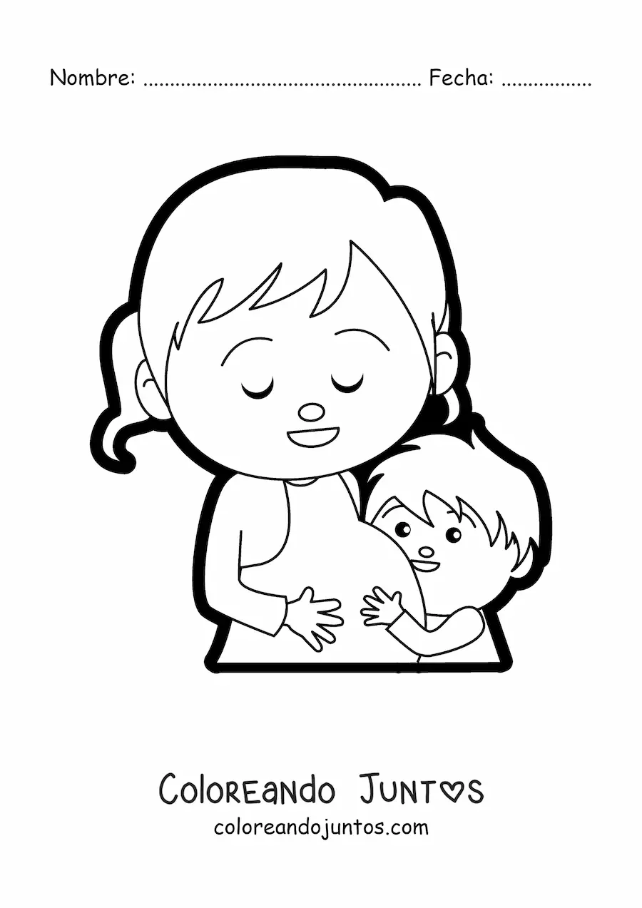 Imagen para colorear de una mamá embarazada junto a su niño mayor