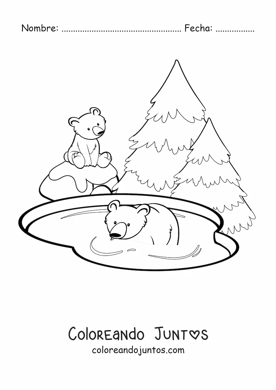 Imagen para colorear de un par de osos polares en un lago junto a unos pinos