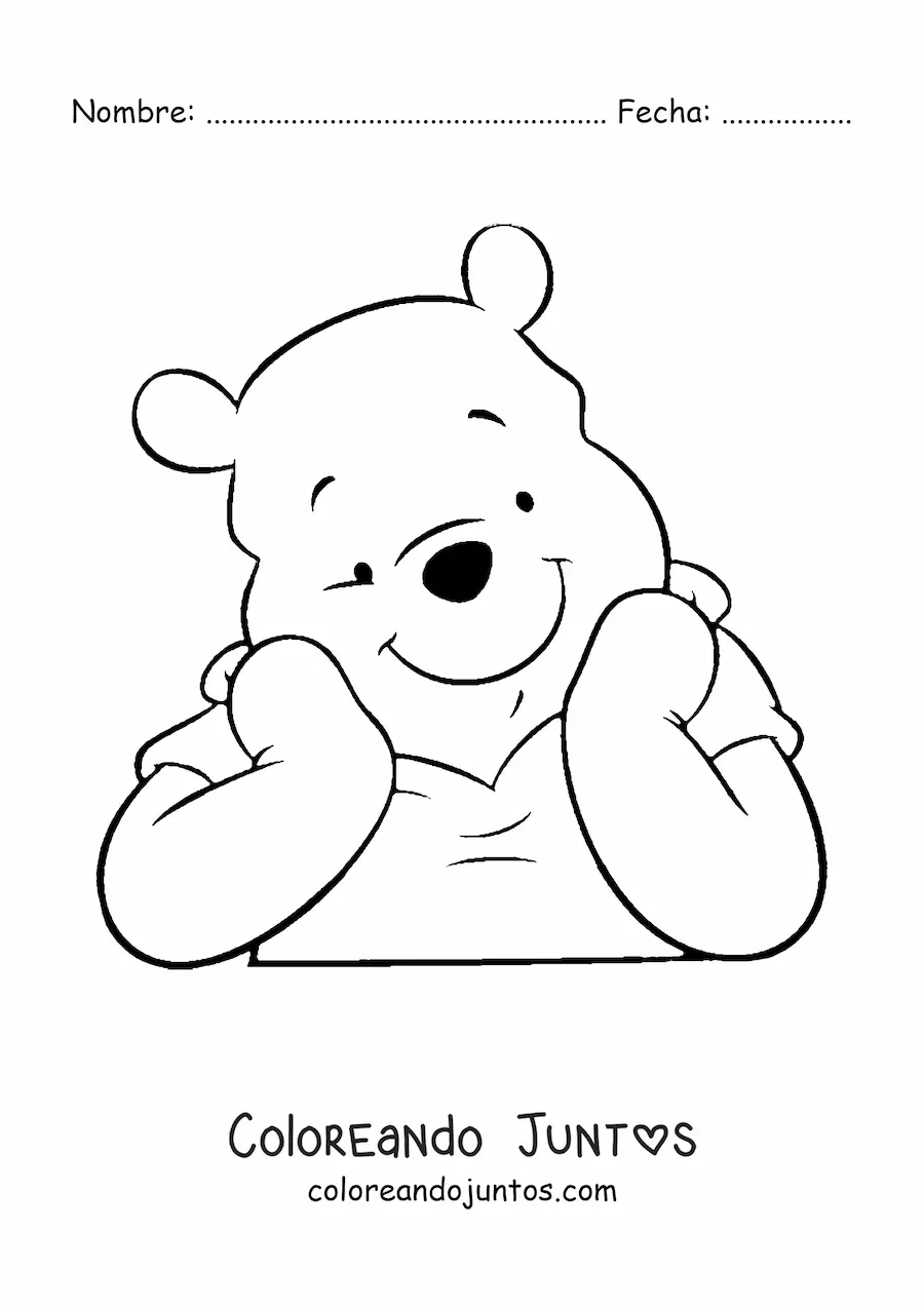 Imagen para colorear de la cara de Winnie Pooh apoyada sobre sus manos sonriente