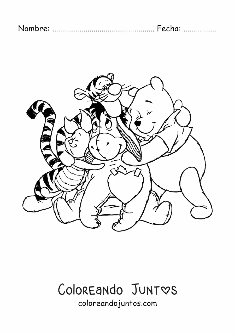 Imagen para colorear de Winnie Pooh en un abrazo con sus amigos