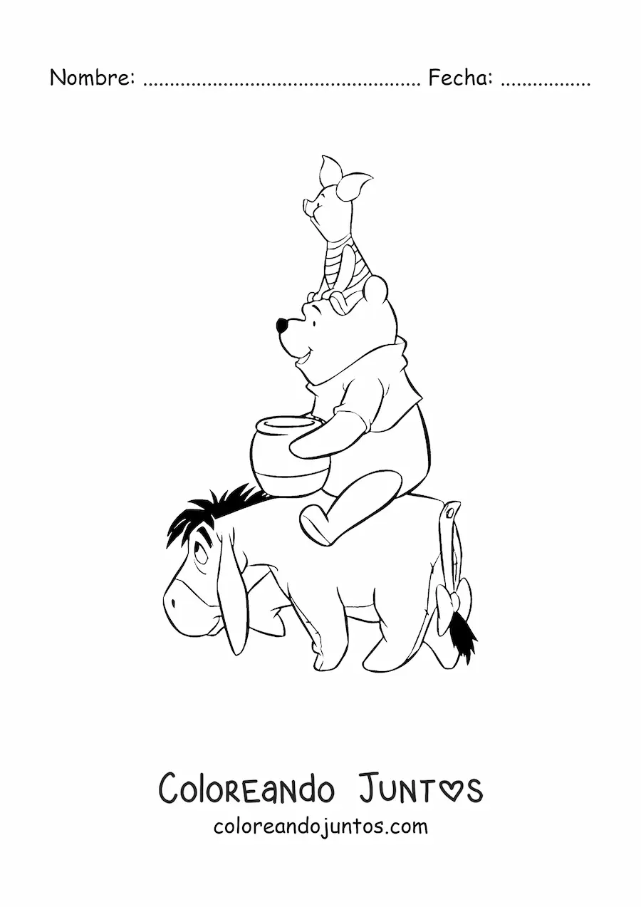 Imagen para colorear de Pooh sentado sobre Igor con Piglet sentado sobre su cabeza