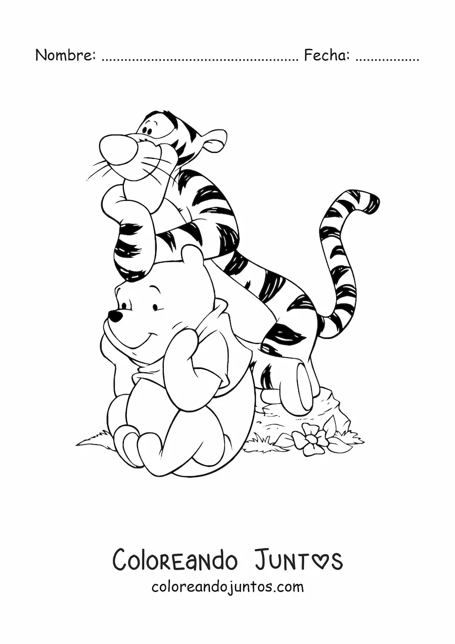 Imagen para colorear de Tiger apoyado sobre la cabeza de Pooh sentado