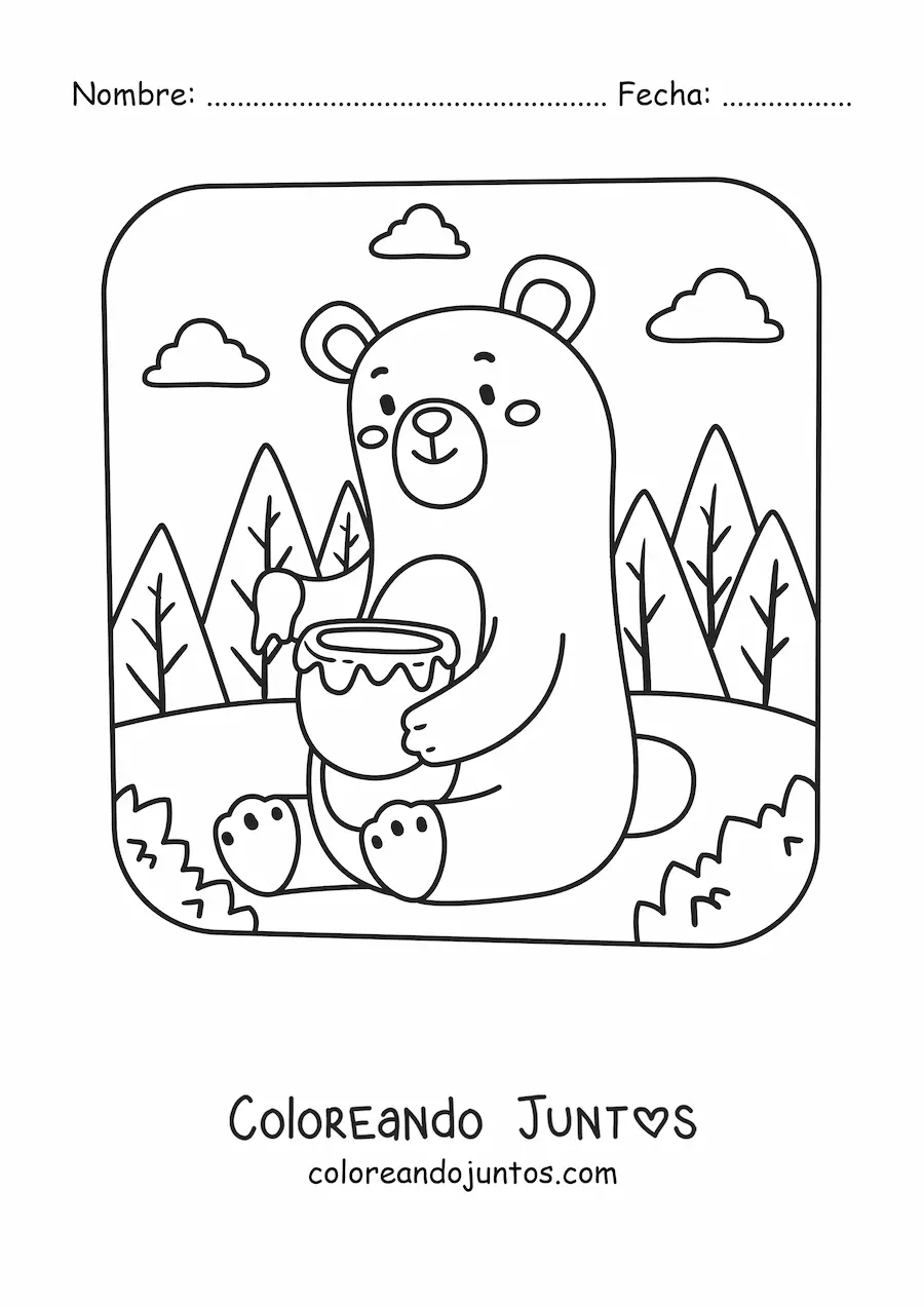 Imagen para colorear de un oso kawaii animado sentado en el bosque comiendo miel de un tarro