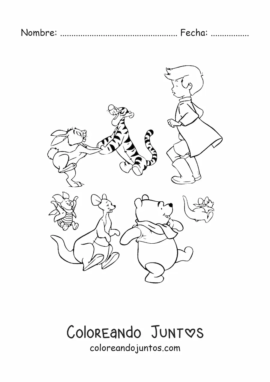 Imagen para colorear de los amigos de Pooh jugando juntos