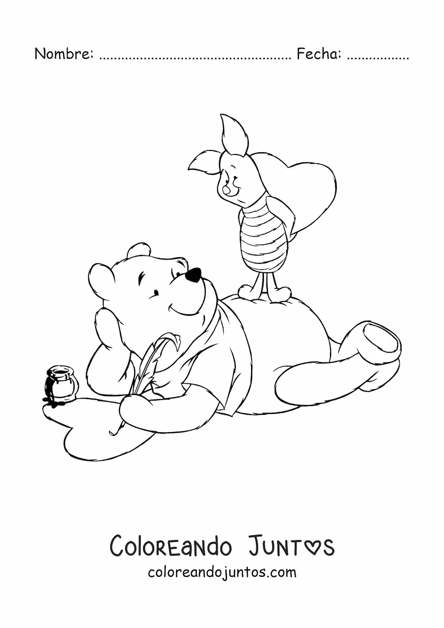 Imagen para colorear de Pooh junto a Piglet dibujando corazones