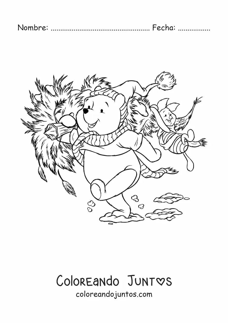 Imagen para colorear de Piglet y Pooh cargando un árbol de Navidad