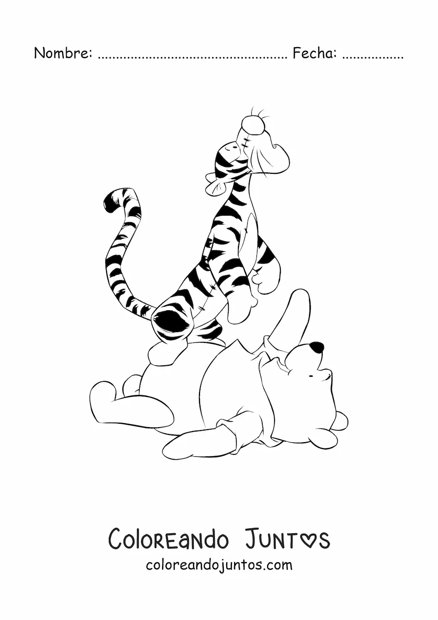 Imagen para colorear de Tiger aullando sentado sobre la barriga de Pooh acostado