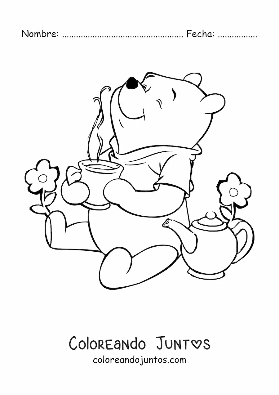 Imagen para colorear de Winnie Pooh tomando el té junto a unas flores