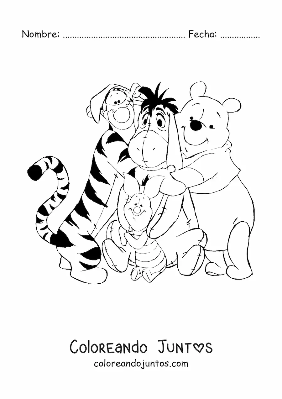 Imagen para colorear de los amigos de Winnie Pooh en un abrazo grupal