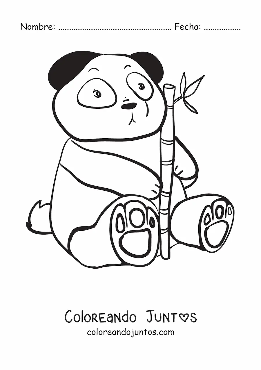 Imagen para colorear de un oso panda kawaii sentado sujetando una rama de bambú