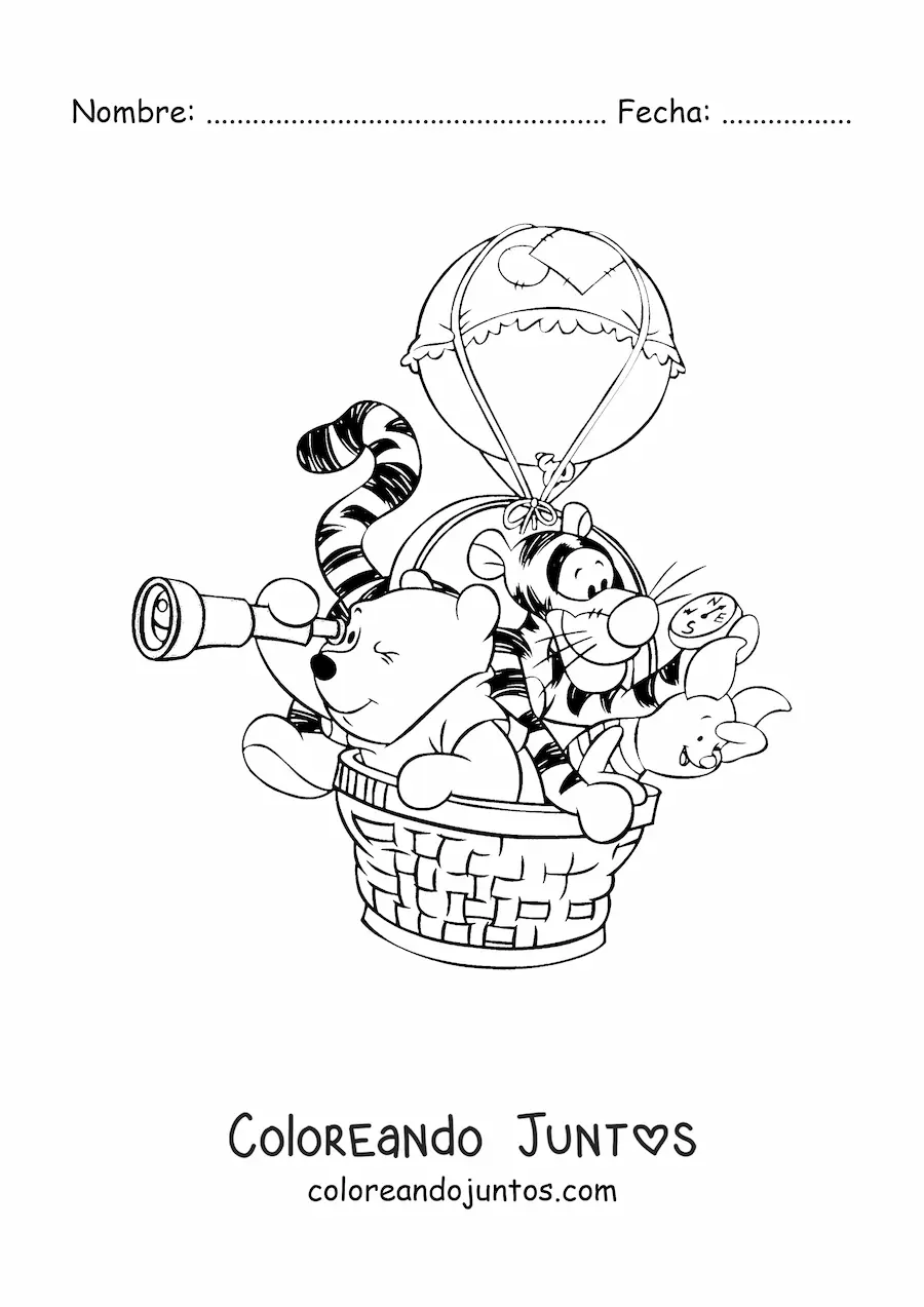 Imagen para colorear de Pooh Tiger y Piglet viajando en un globo aerostático con un telescopio y una brújula