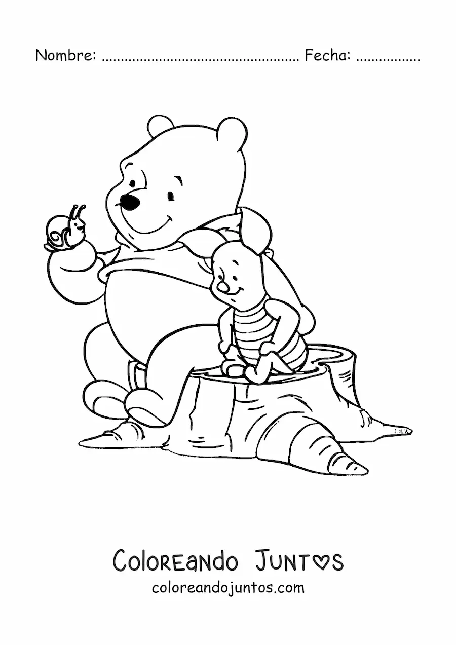 Imagen para colorear de Pooh sentado sobre un tronco con un caracol en la mano junto a Piglet