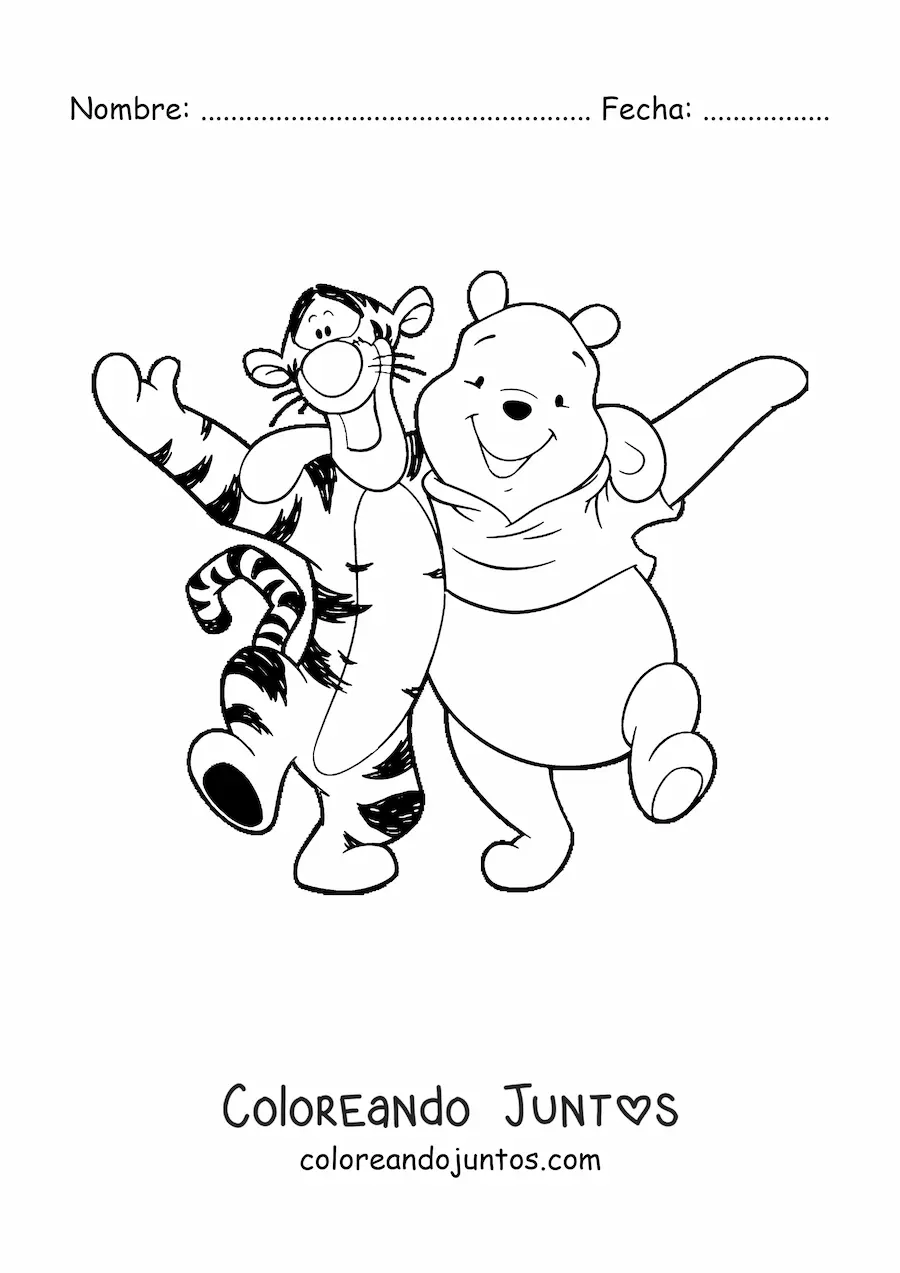 Imagen para colorear de Pooh y Tiger caminando abrazados felices