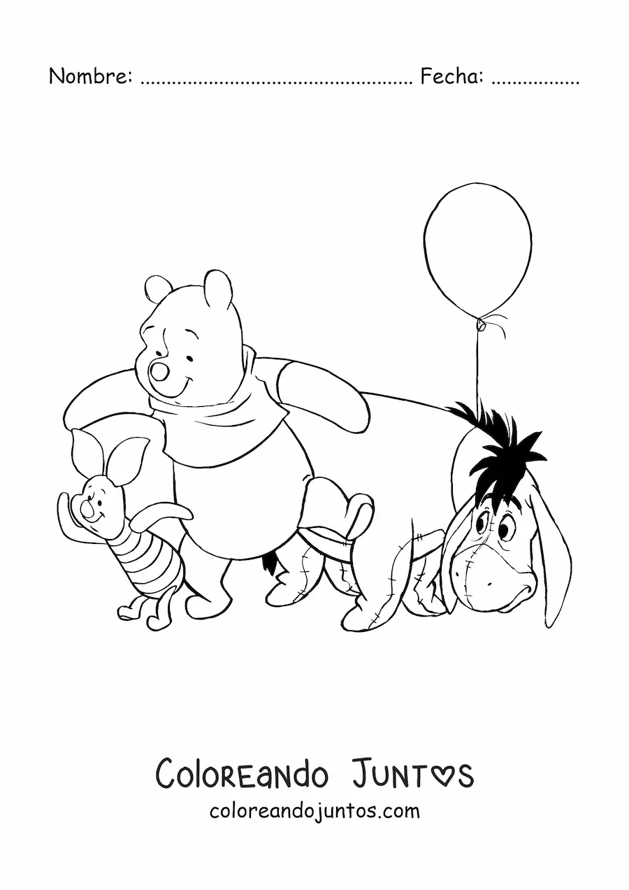 Imagen para colorear de Pooh junto a Igor y Piglet