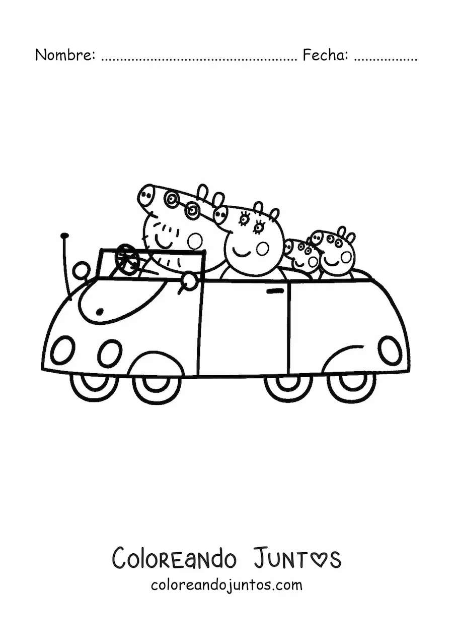 Imagen para colorear de Peppa junto a su familia de paseo en el auto