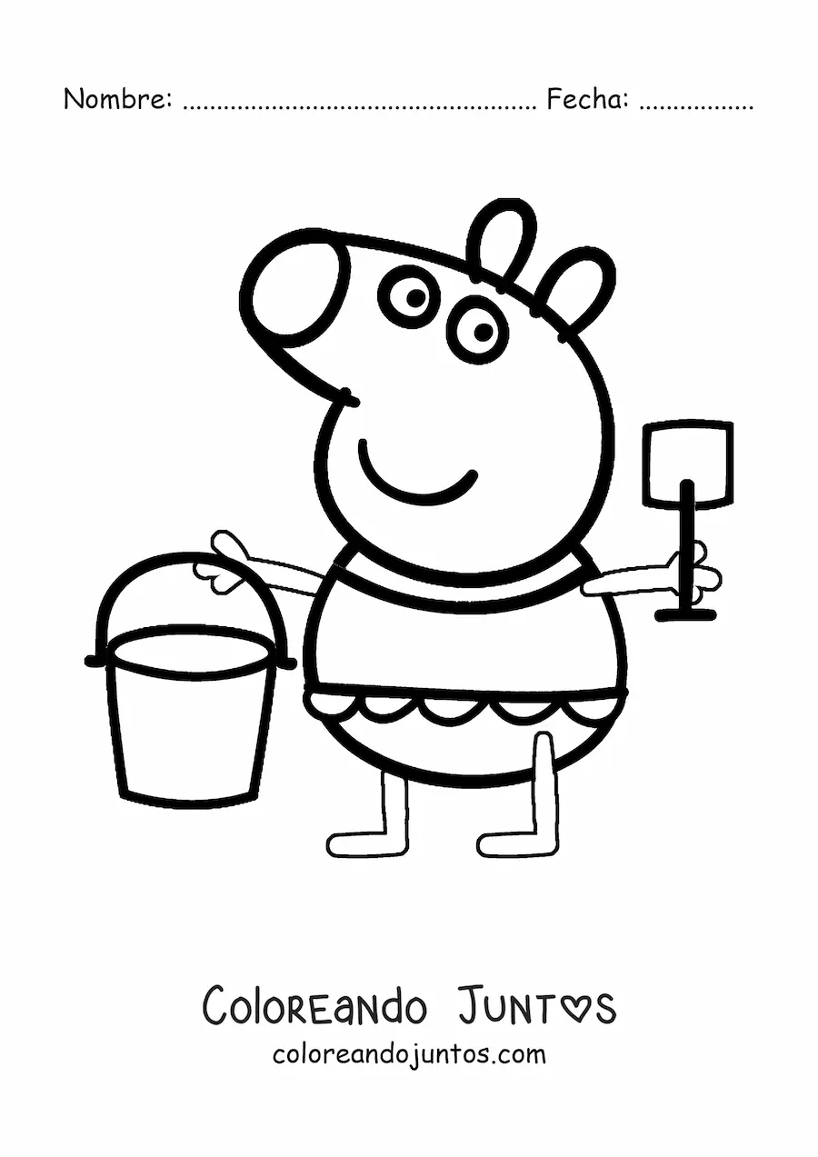 Imagen para colorear de Peppa vestida con bañador sujetando un tobo y una pala para la arena