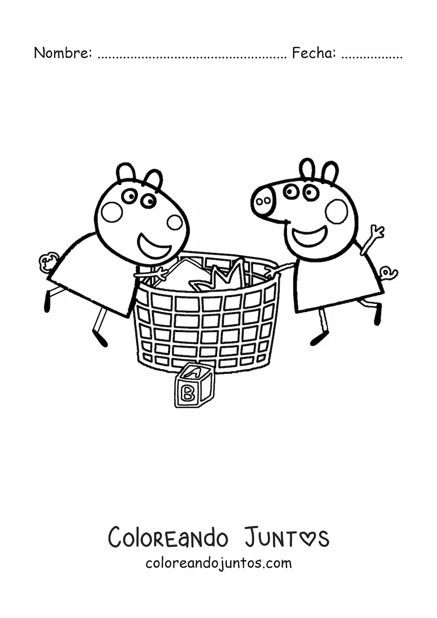 Imagen para colorear de Peppa y Suzy revisando cosas dentro de una cesta grande