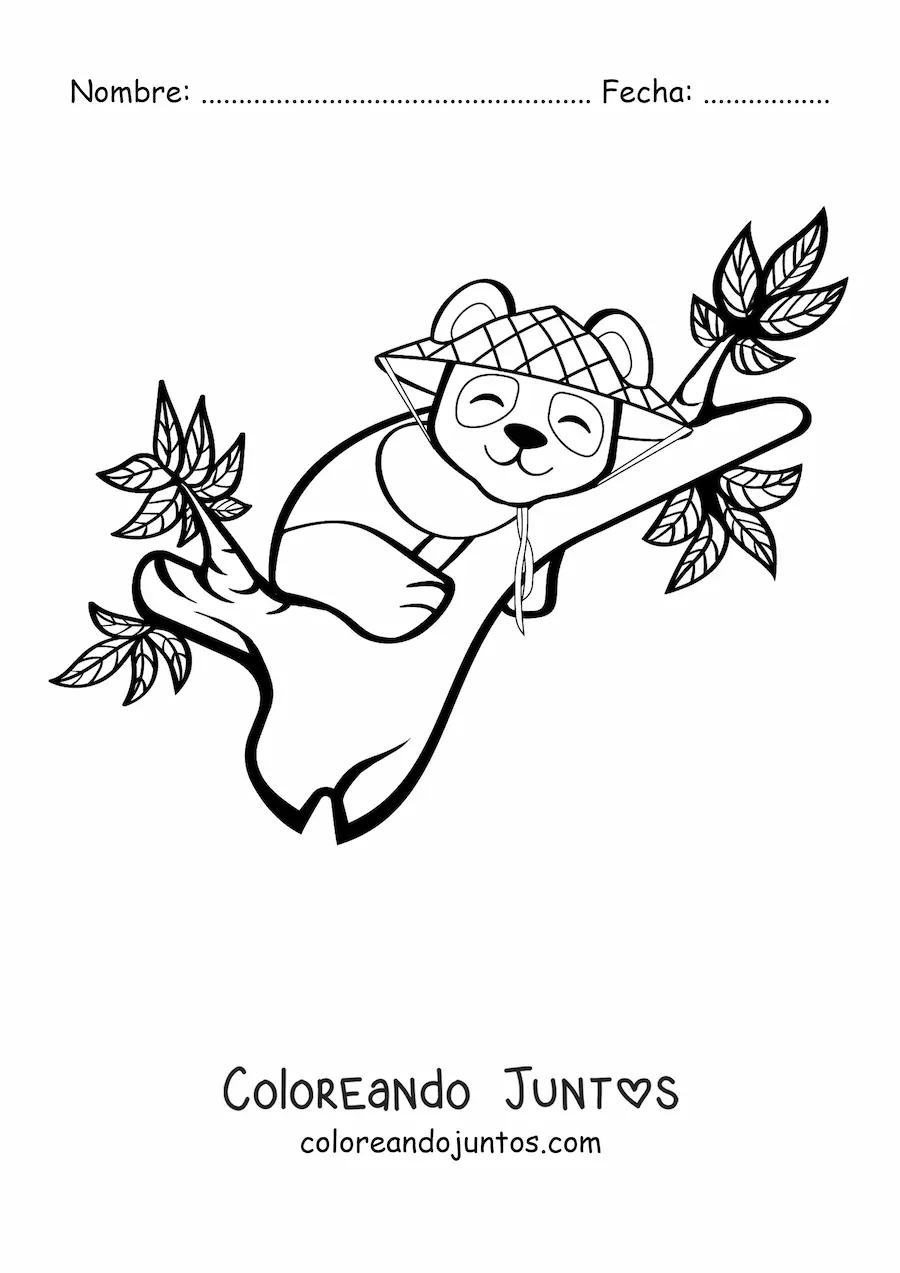 Imagen para colorear de un oso panda kawaii animado durmiendo sobre la rama de un árbol