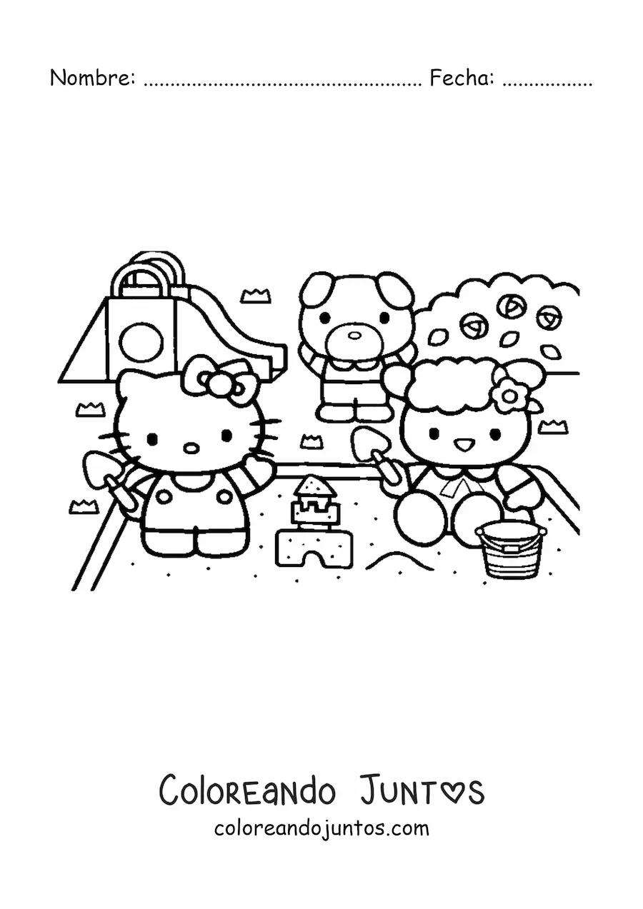 Imagen para colorear de Hello Kitty jugando con sus amigos en la caja de arena del parque