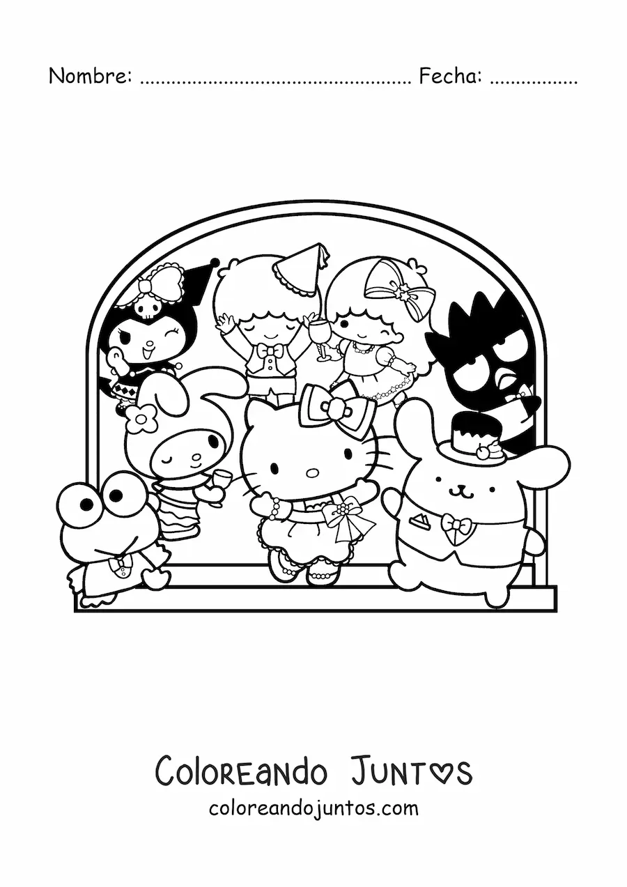 Imagen para colorear de Hello Kitty junto a varios personajes amigos de Sanrio