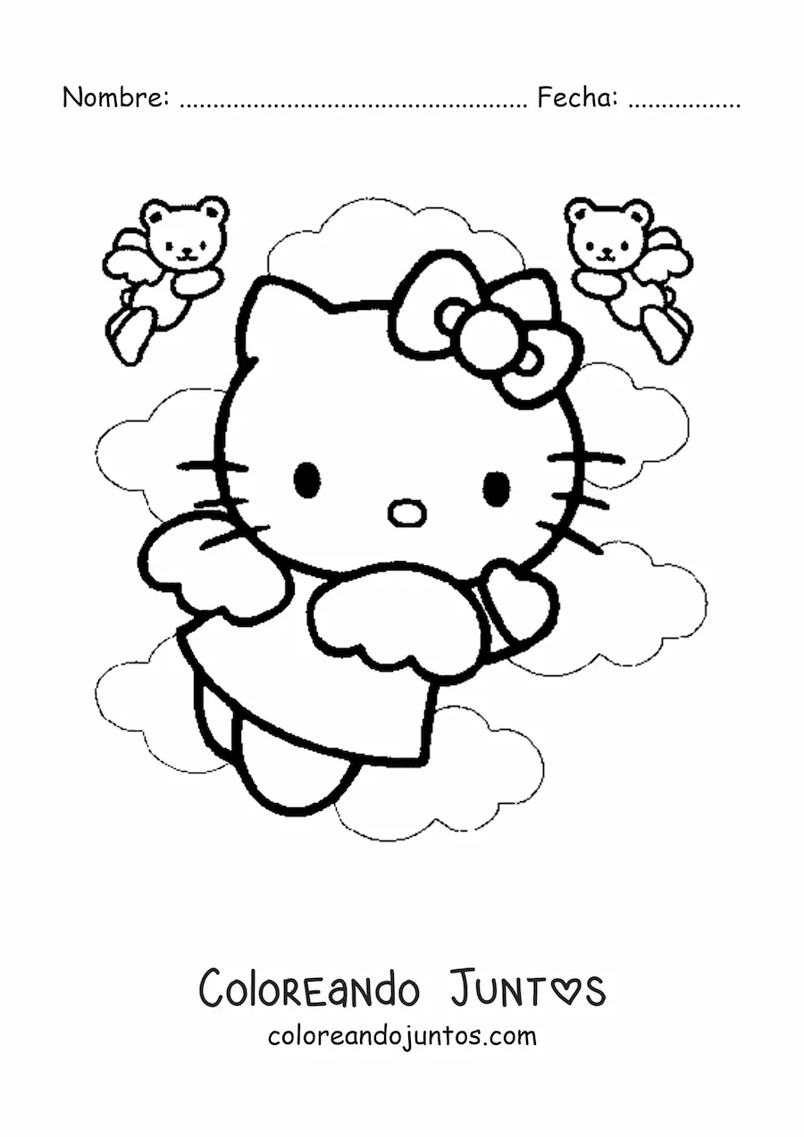 Imagen para colorear de Hello Kitty vestida como un ángel entre las nubes junto a dos ositos ángeles