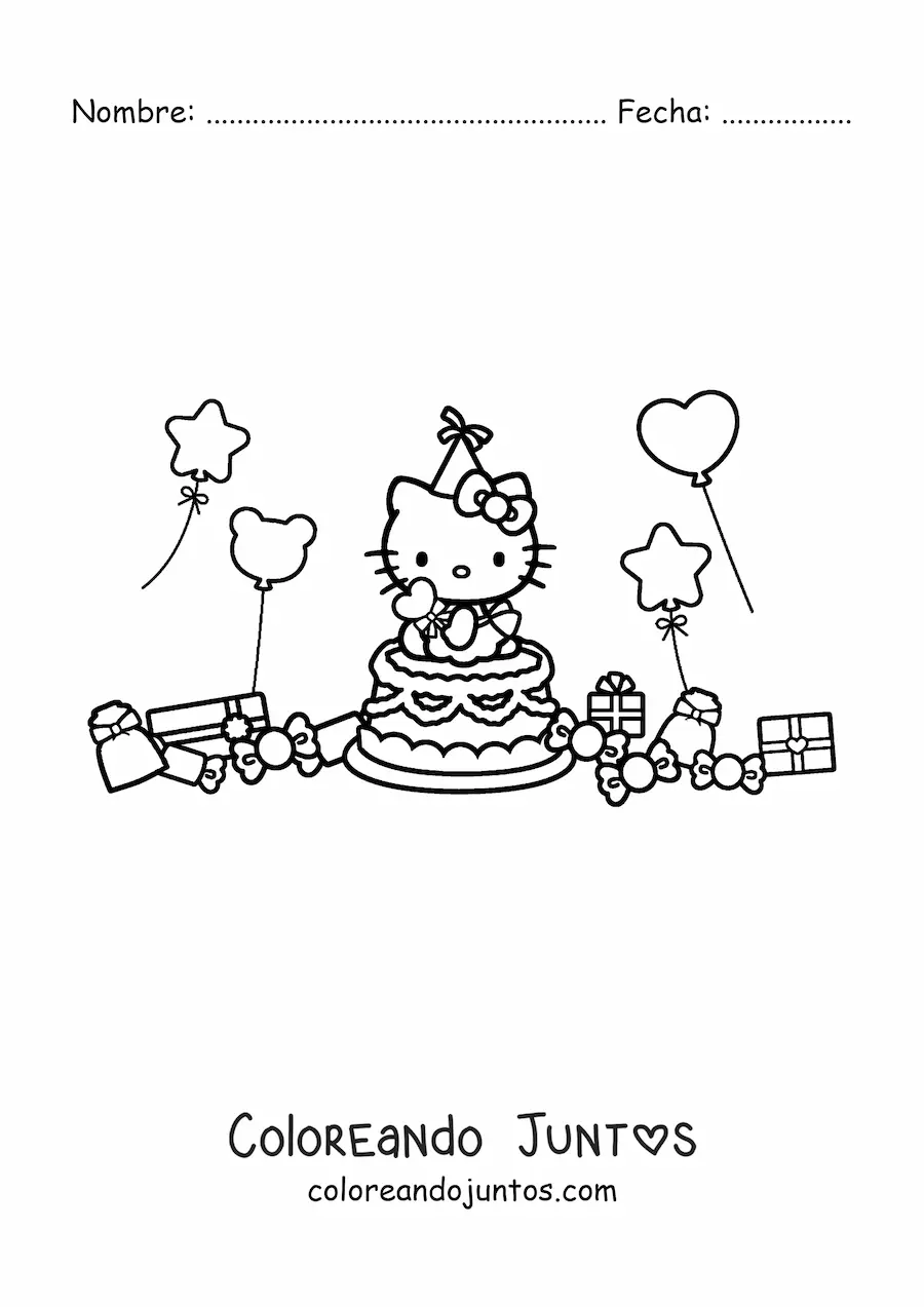 Imagen para colorear de Hello Kitty sobre un pastel de cumpleaños rodeado de globos y regalos