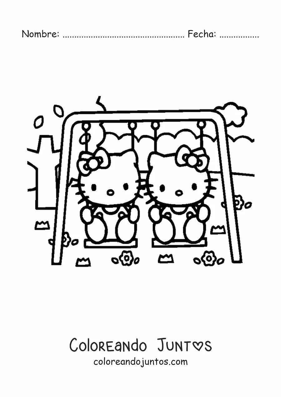 Imagen para colorear de Hello Kitty sentada junto a su hermana en un columpio