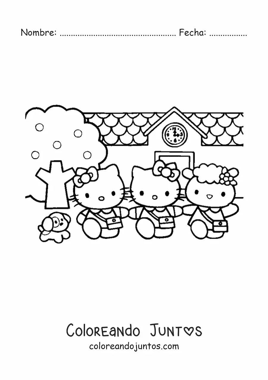 Imagen para colorear de Hello Kitty junto a sus amigos frente al edificio de la escuela